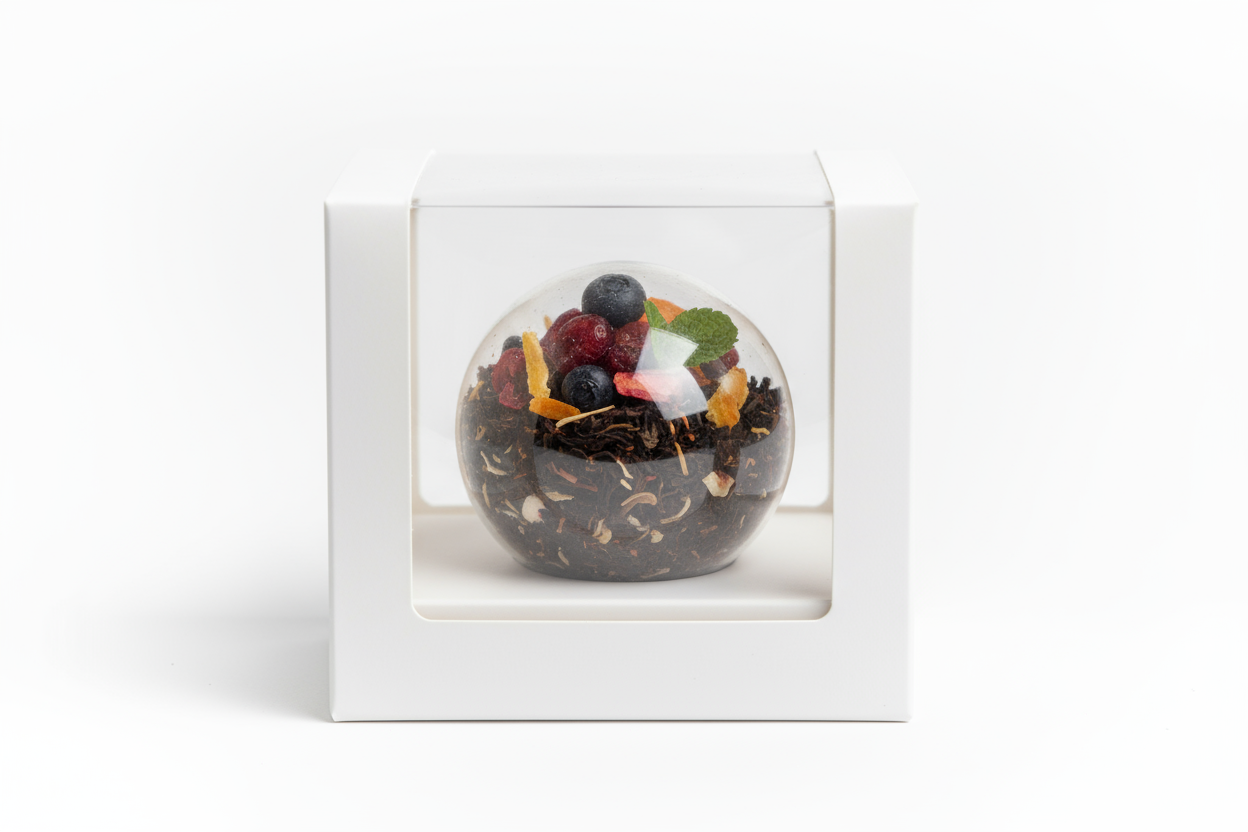 can you create me a single serving white box with clear lid with clear tea bomb with tea leaves in it also add a tiny bit of dry fruits on the bomb