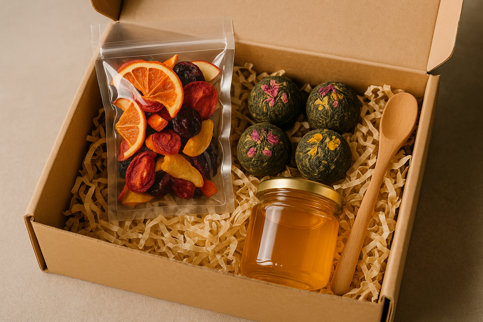 can you create me a brown box with a bag of dried fruit in it tea bombs and honey and a wooden spoon